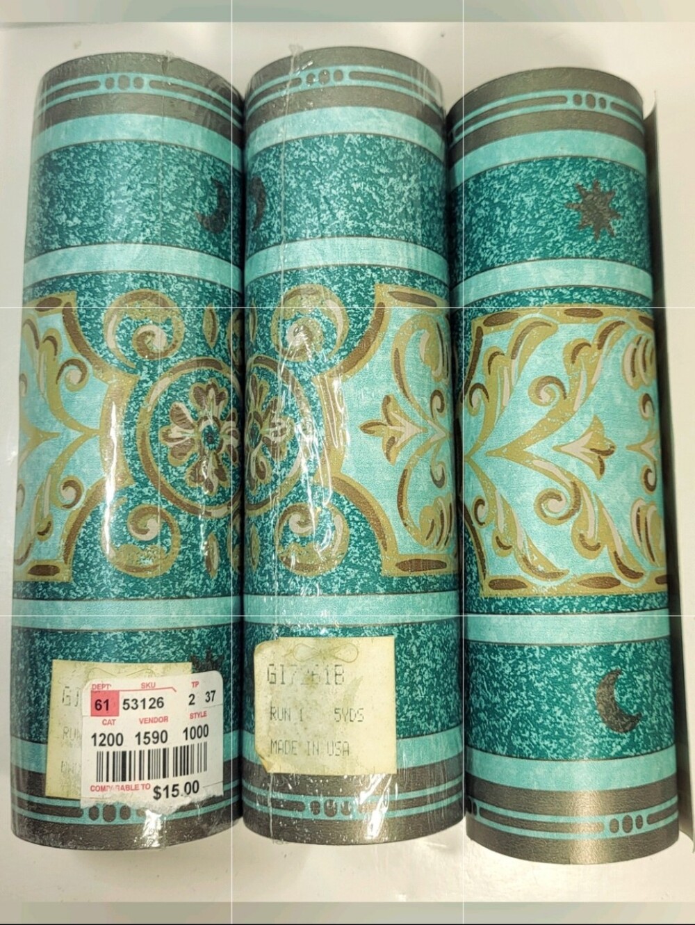 Wallpaper BORDER 3 Rolls Teal Green and Gold Scroll Medallion Moon Sun 5 Yds Vtg - Picture 2 of 7